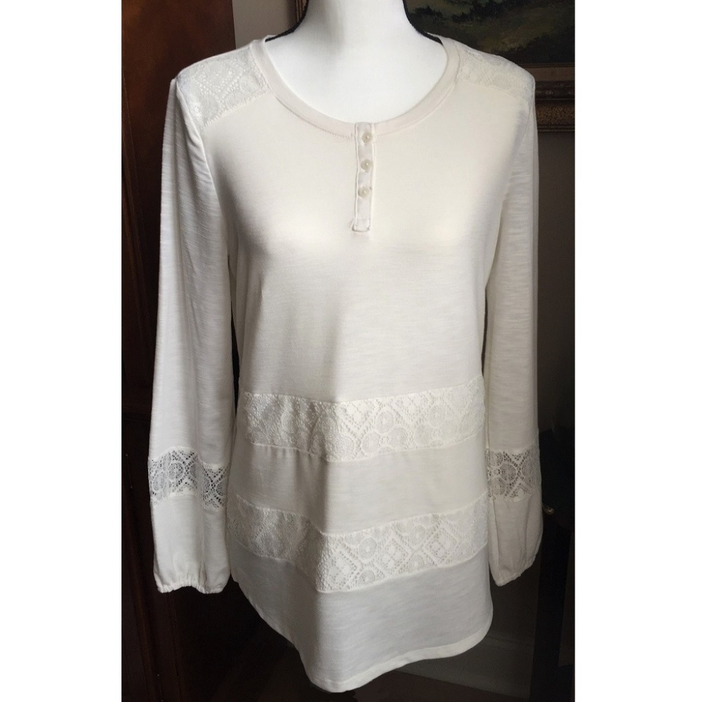 Ellen Tracy Cream Blouse Top M With Lace Trim